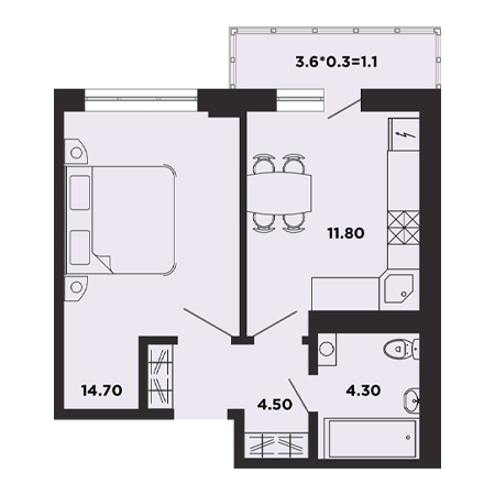 1 комнатная 36.4м²