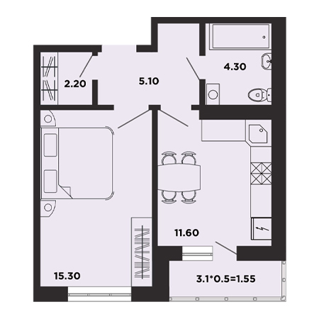 1 комнатная 40.1м²