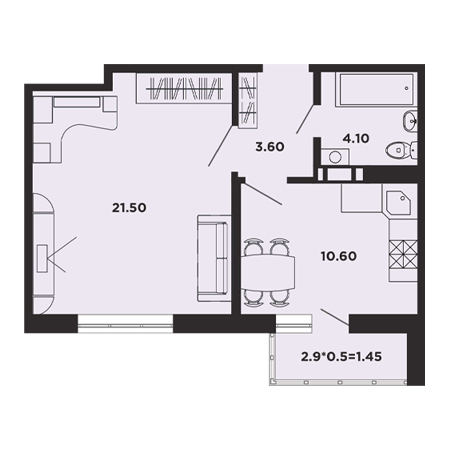 1 комнатная 41.2м²