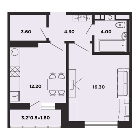 1 комнатная 42м²