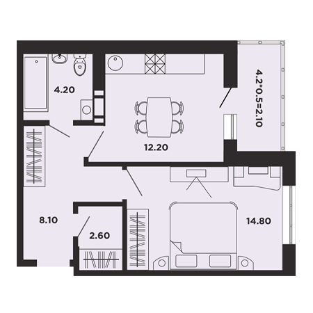 1 комнатная 44м²