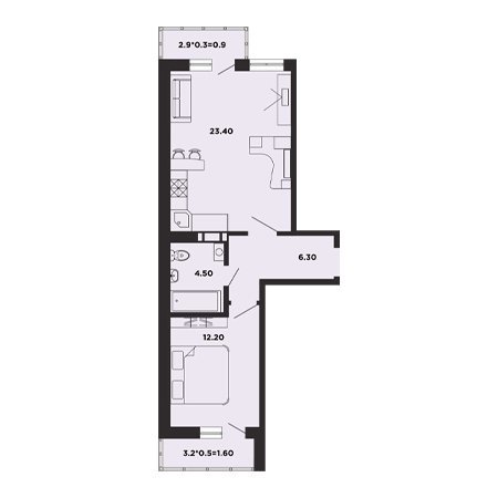 1 комнатная 48.9м²