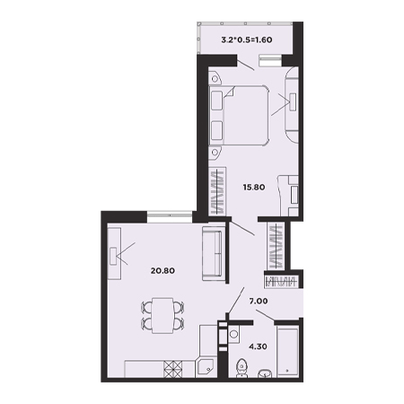 1 комнатная 49.5м²