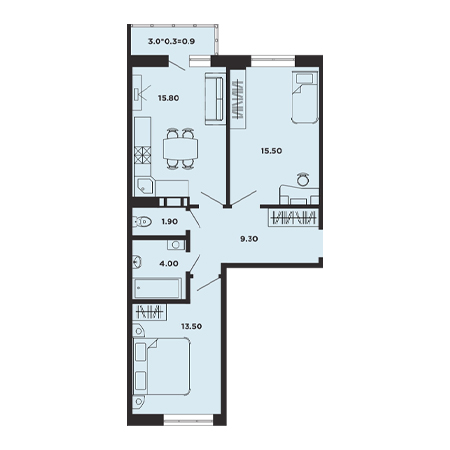 2 комнатная 60.9м²