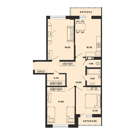 3 комнатная 92.1м²