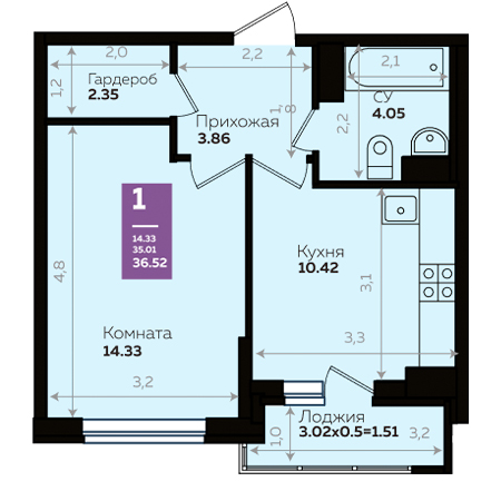 1 комнатная 36.52м²