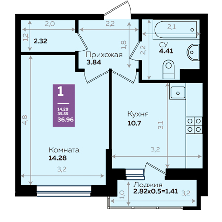 1 комнатная 36.96м²