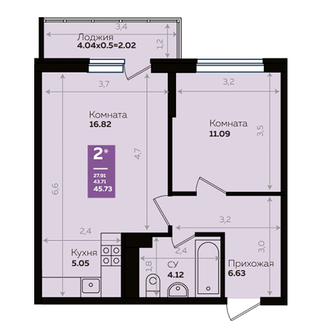 1 комнатная 45.73м²