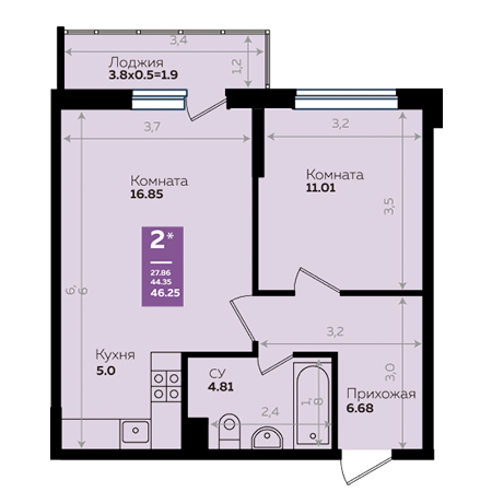 1 комнатная 46.25м²