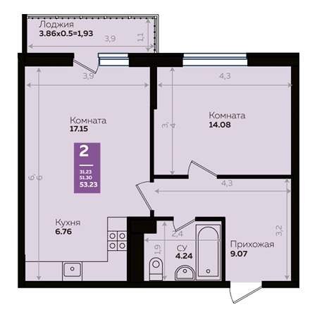 1 комнатная 53.23м²