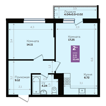 1 комнатная 53.46м²