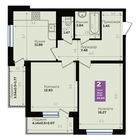 2 комнатная 61.04м²