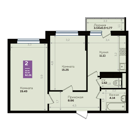 2 комнатная 62.26м²