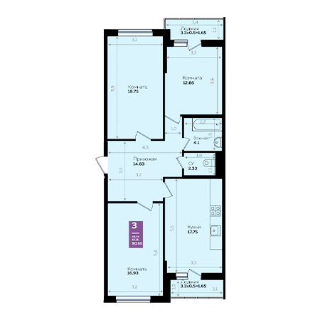 3 комнатная 90.65м²