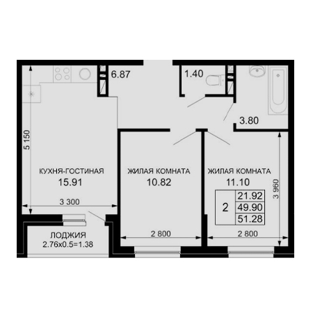 2 комнатная 51.28м²