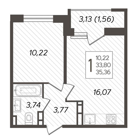 1 комнатная 35.36м²