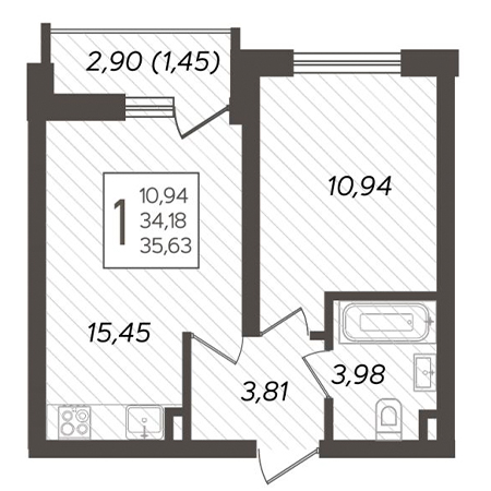 1 комнатная 36.63м²