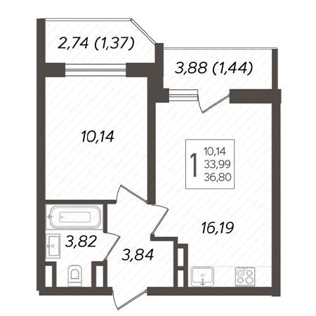 1 комнатная 36.8м²