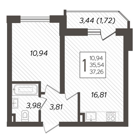 1 комнатная 37.26м²