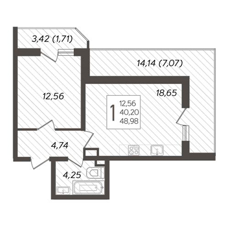 1 комнатная 48.98м²