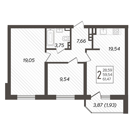 2 комнатная 61.47м²