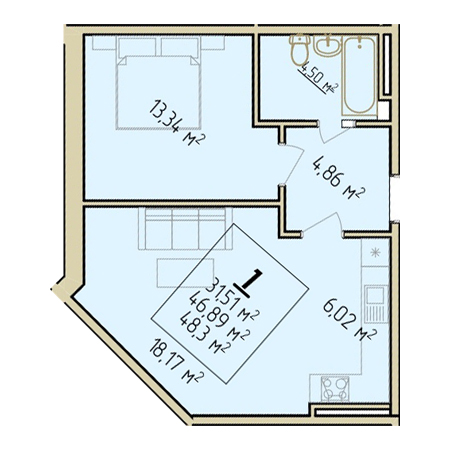 1 комнатная 48.3м²