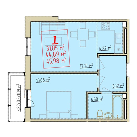 1 комнатная 45.98м²