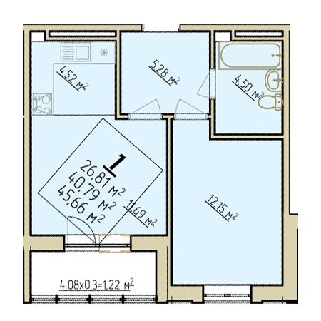 1 комнатная 45.66м²