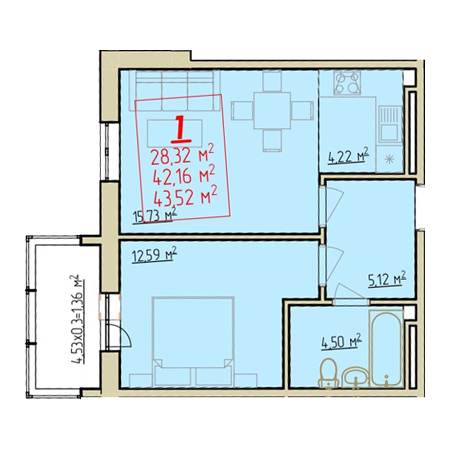 1 комнатная 43.52м²