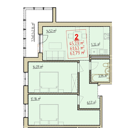 2 комнатная 63.79м²