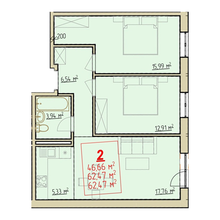 2 комнатная 62.47м²