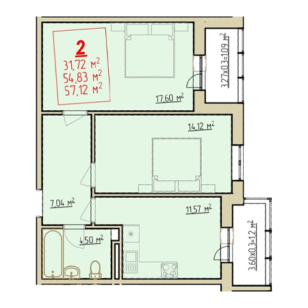 2 комнатная 57.12м²