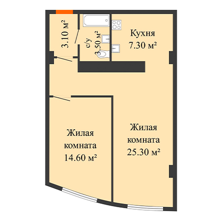 2 комнатная 53.8м²