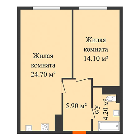 1 комнатная 48.9м²