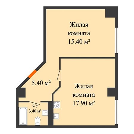 1 комнатная 42.1м²