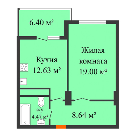 1 комнатная 47.94м²