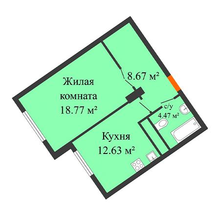 1 комнатная 44.54м²