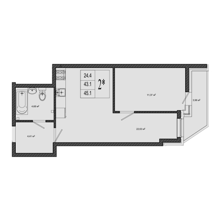 1 комнатная 45.1м²