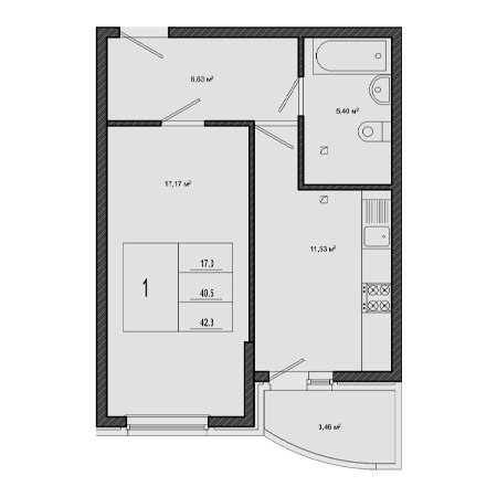 1 комнатная 42.3м²