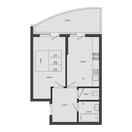 1 комнатная 41.2м²