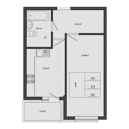 1 комнатная 39.6м²