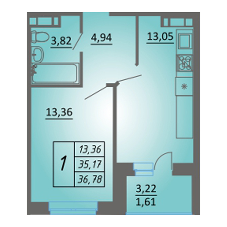 1 комнатная 36.78м²