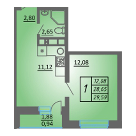 1 комнатная 29.59м²