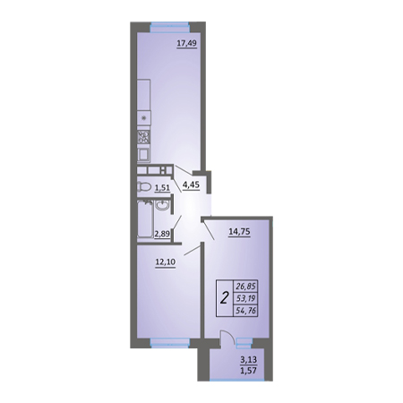 2 комнатная 54.76м²