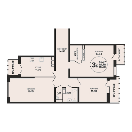 3 комнатная 88.78м²