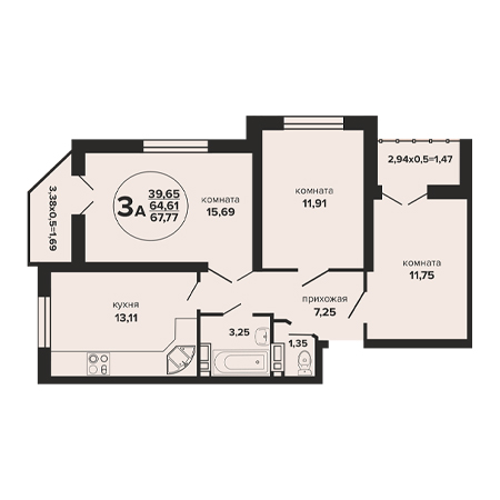 3 комнатная 67.77м²