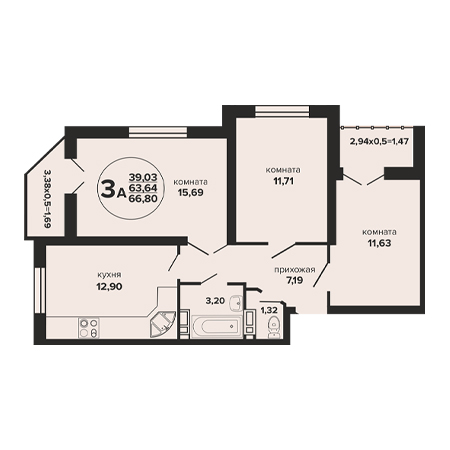 3 комнатная 66.8м²