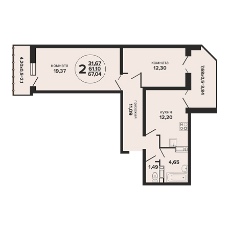 2 комнатная 67.04м²