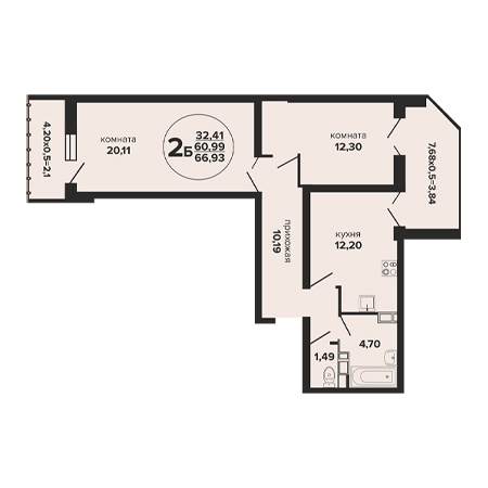 2 комнатная 66.93м²