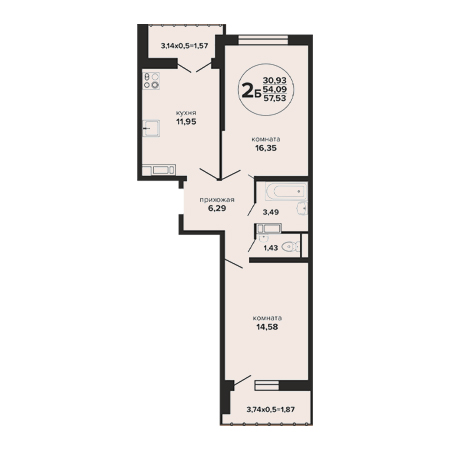 2 комнатная 57.53м²